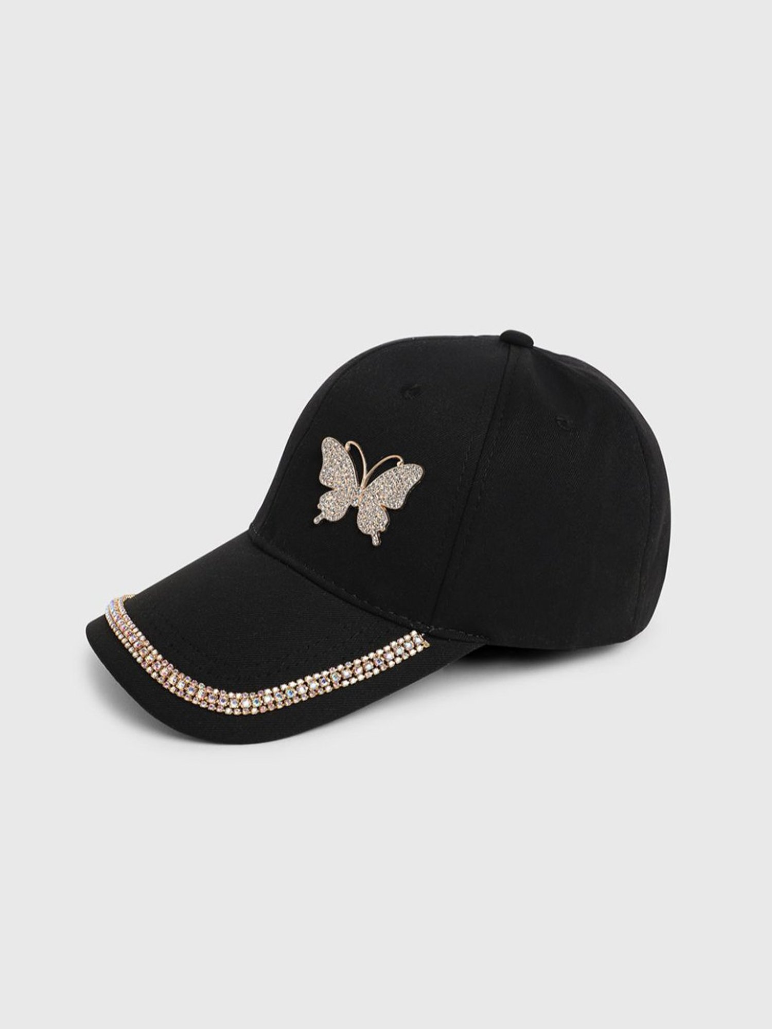 HauteSauce Black Embellished Rhinestone Butterfly Baseball Cap