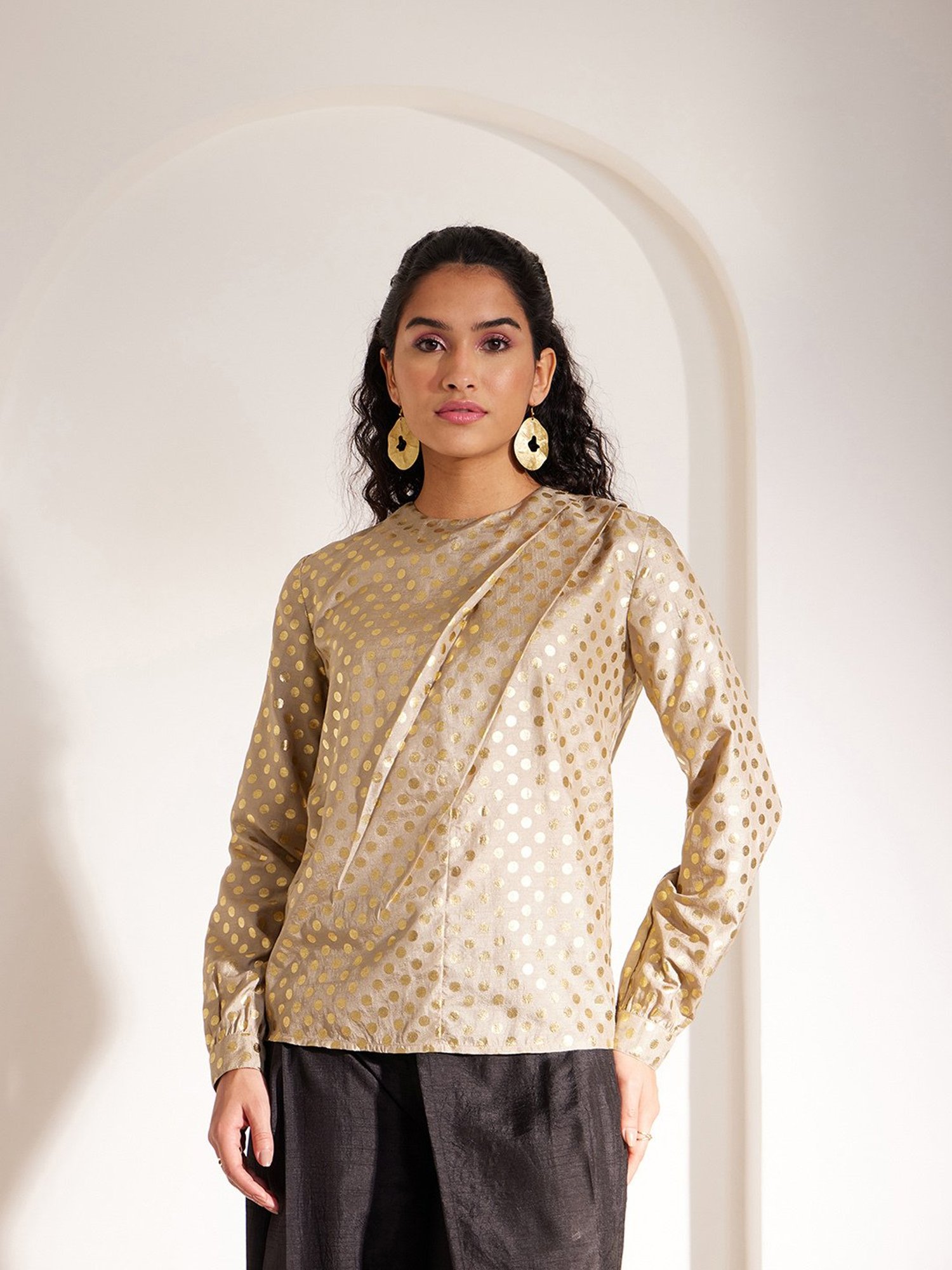 Fablestreet Beige & Gold Printed Top