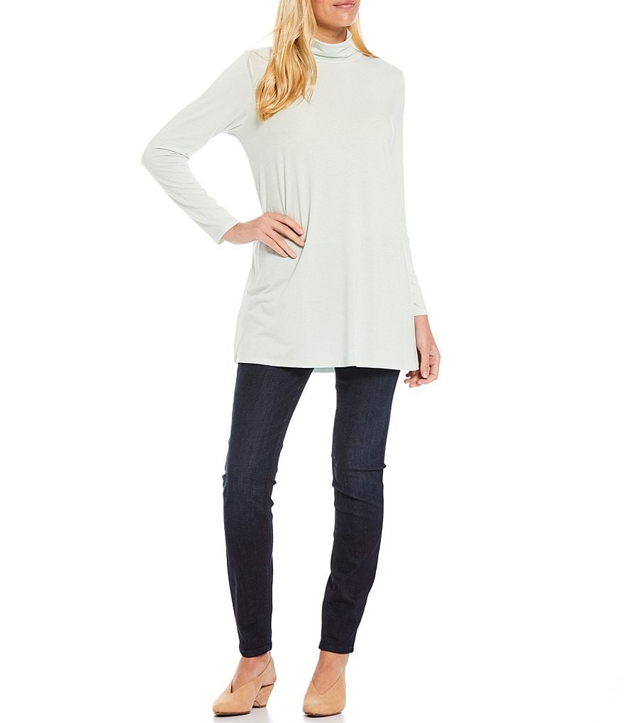 Eileen Fisher Fine Stretch Knit Jersey Scrunch Mock Neck Long Sleeve Tunic