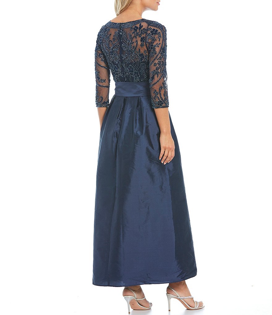 Pisarro Nights Petite Size 3/4 Sleeve Illusion Boat Neck Beaded Taffeta Gown