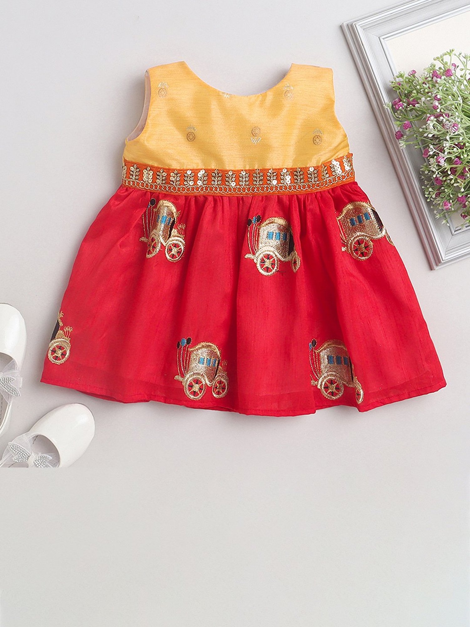 Many Frocks Kids Orange & Red Embroidered Dress