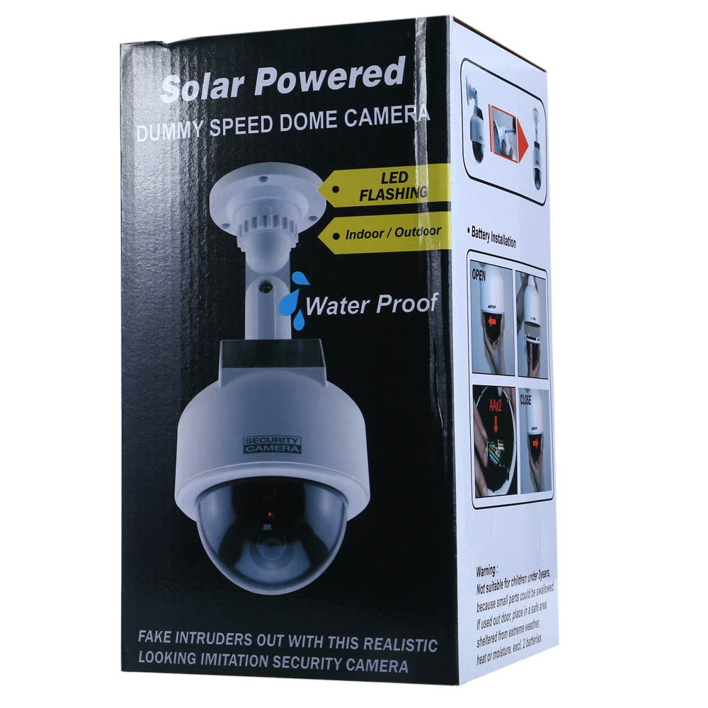 Solar Energy Realistic Dummy Dome Camera Surveillance Security with CCTV Sticker Blinking Red LED Light WHITE US Plug
