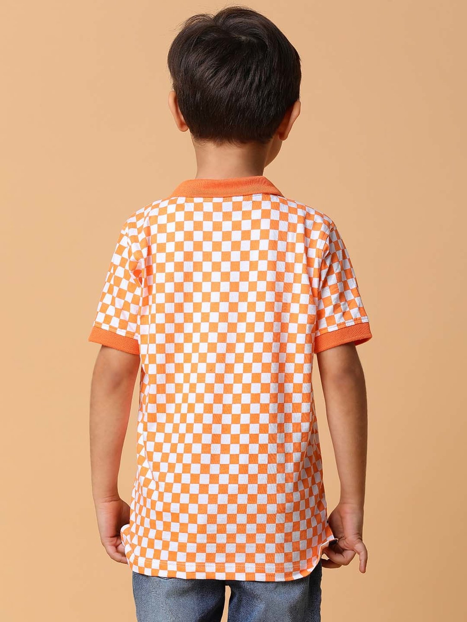 Tales & Stories Kids Orange & White Cotton Chequered Polo T-Shirt