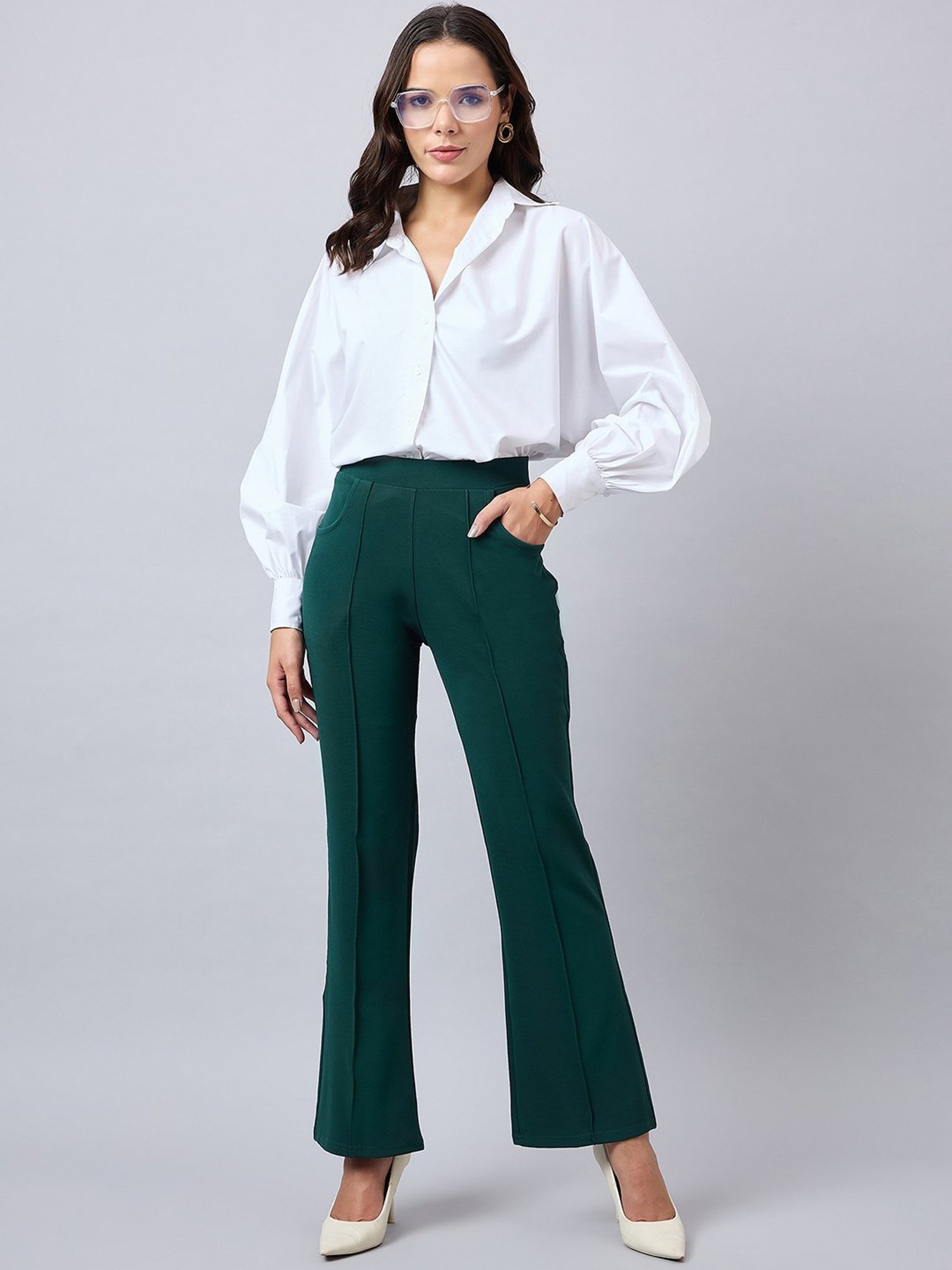 Style Quotient Green Relaxed Fit High Rise Trousers