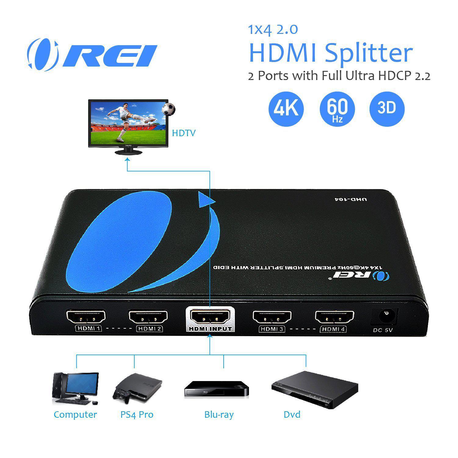 Orei 1x4 2.0 HDMI Splitter 2 Ports with Full Ultra HDCP 2.2, 4K at 60Hz & 3D Supports EDID Control - UHD-104