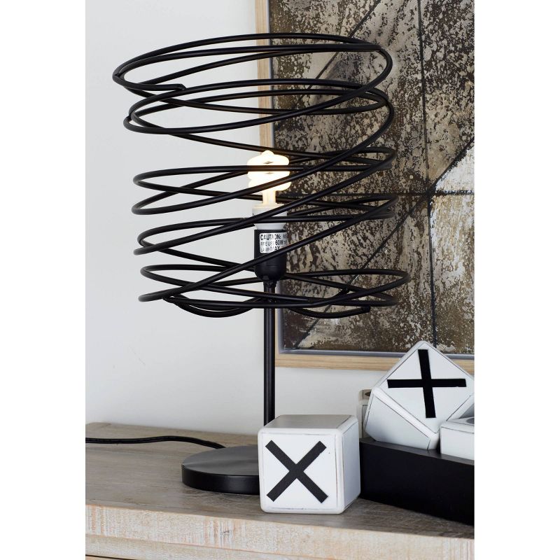 12" x 21" Industrial Style Round Metal Accent Lamp with Coiled Wire Iron Shade Black - Olivia & May