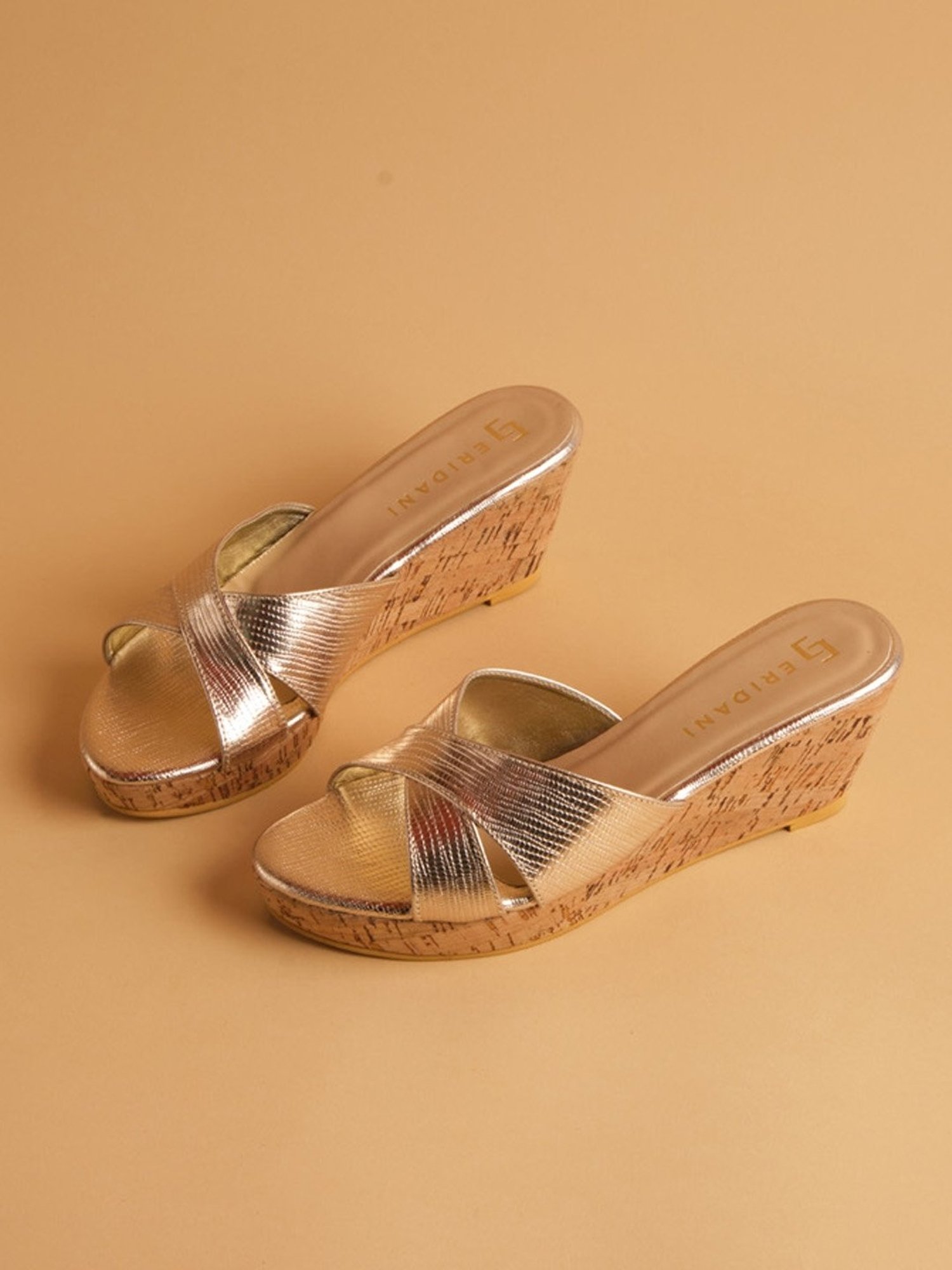 Eridani Women's Acacia Gold Cross Strap Wedges
