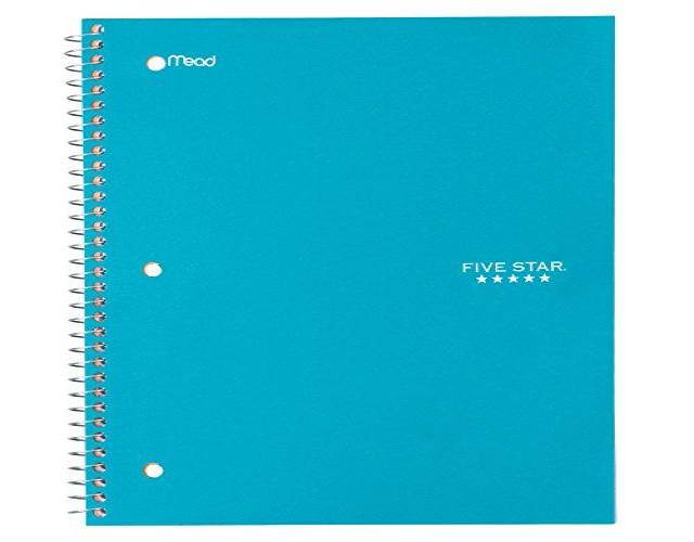 Five Star Spiral Notebook, 1 Subject, Wide Ruled Paper, 100 Sheets, 10-1/2" x 8", Color Will Vary (05238)