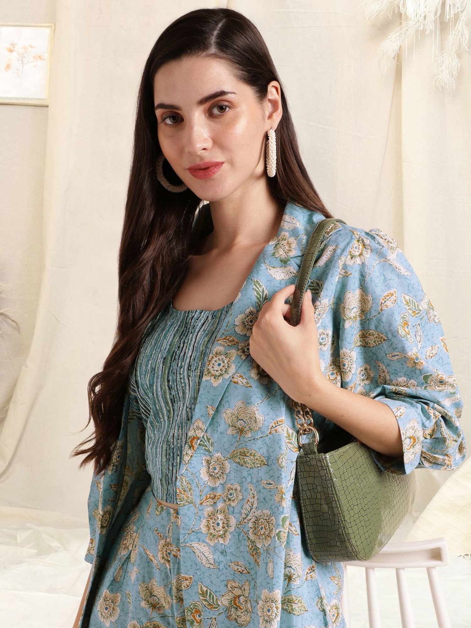 MIRCHI FASHION Sky Blue Cotton Printed Top Pant Set With Jacket