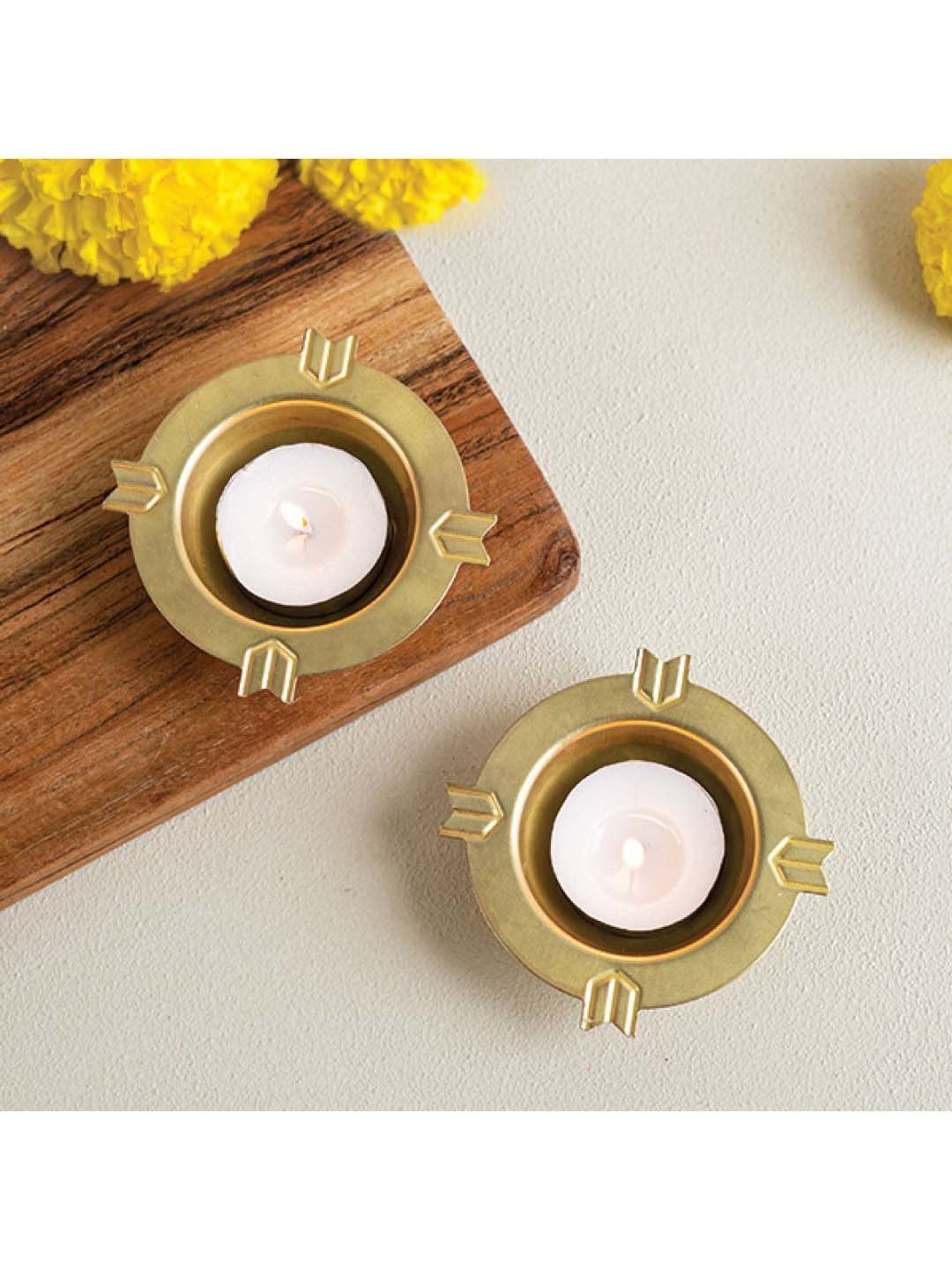 COPPRE Kolam Golden Brass Diwali Tealight - Set of 2