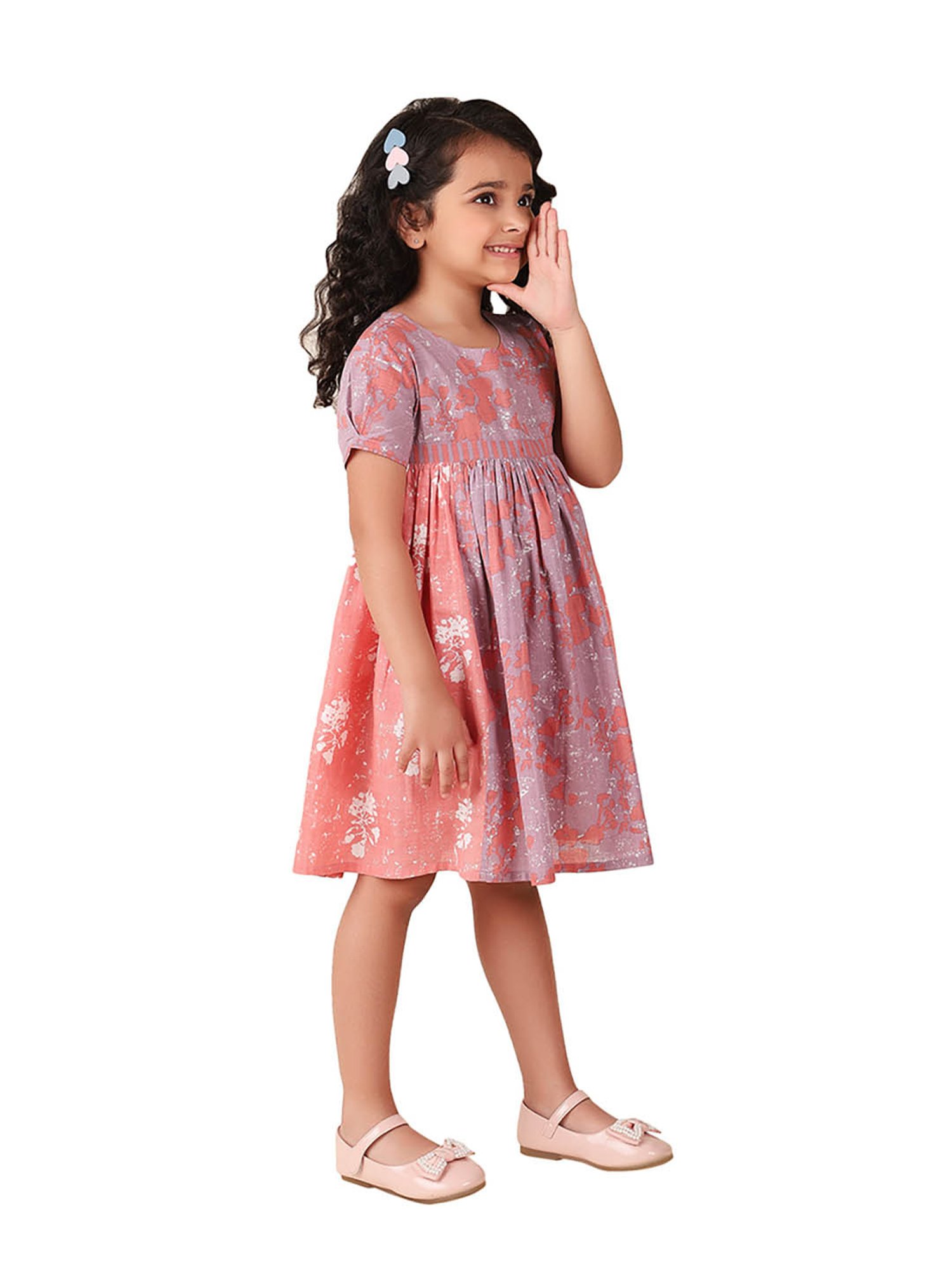 Fabindia Kids Lavender & Coral Printed Dress