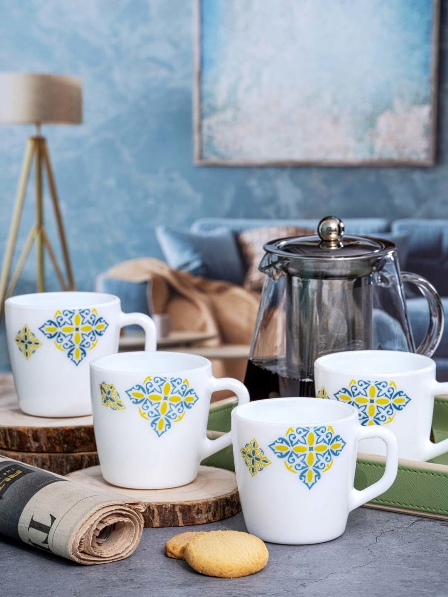 Cello White & Blue Opalware Coffee Mugs (0.18 L) - Set of 12