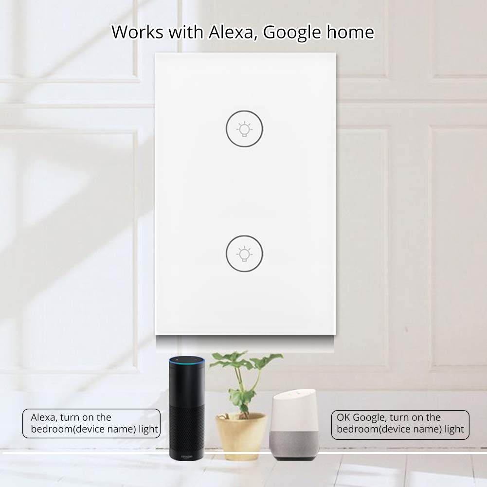 Avatar Controls Smart WiFi Wall Light Touch Panel Switch, Remote Control with Smart Phone, No Hub Required, AC 110-240V, Compatible with Alexa Echo, Works with Google Home, Wall Switch 2 Gang