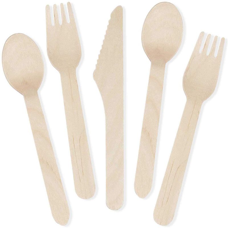 Juvale 400-Pack Disposable Wooden Cutlery Silverware Flatware Forks Knives Spoons Party Supplies