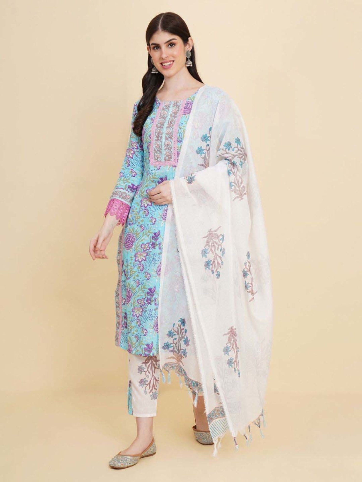 Odette Blue Floral Print Kurta & Pant Set with Dupatta