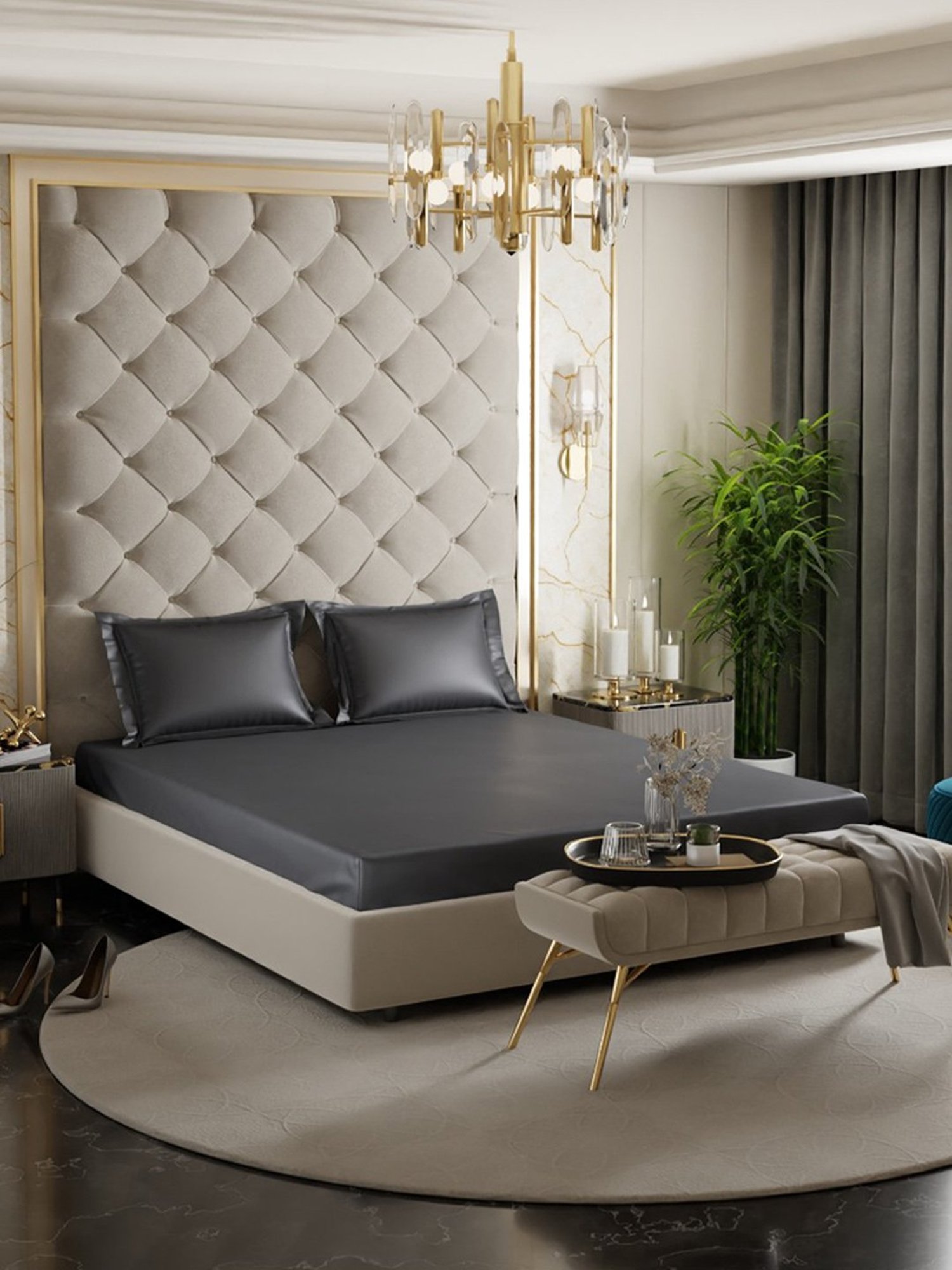 Stoa Paris Charcoal Grey 300 TC Polyester Double Fitted Sheet with 2 Pillow Covers