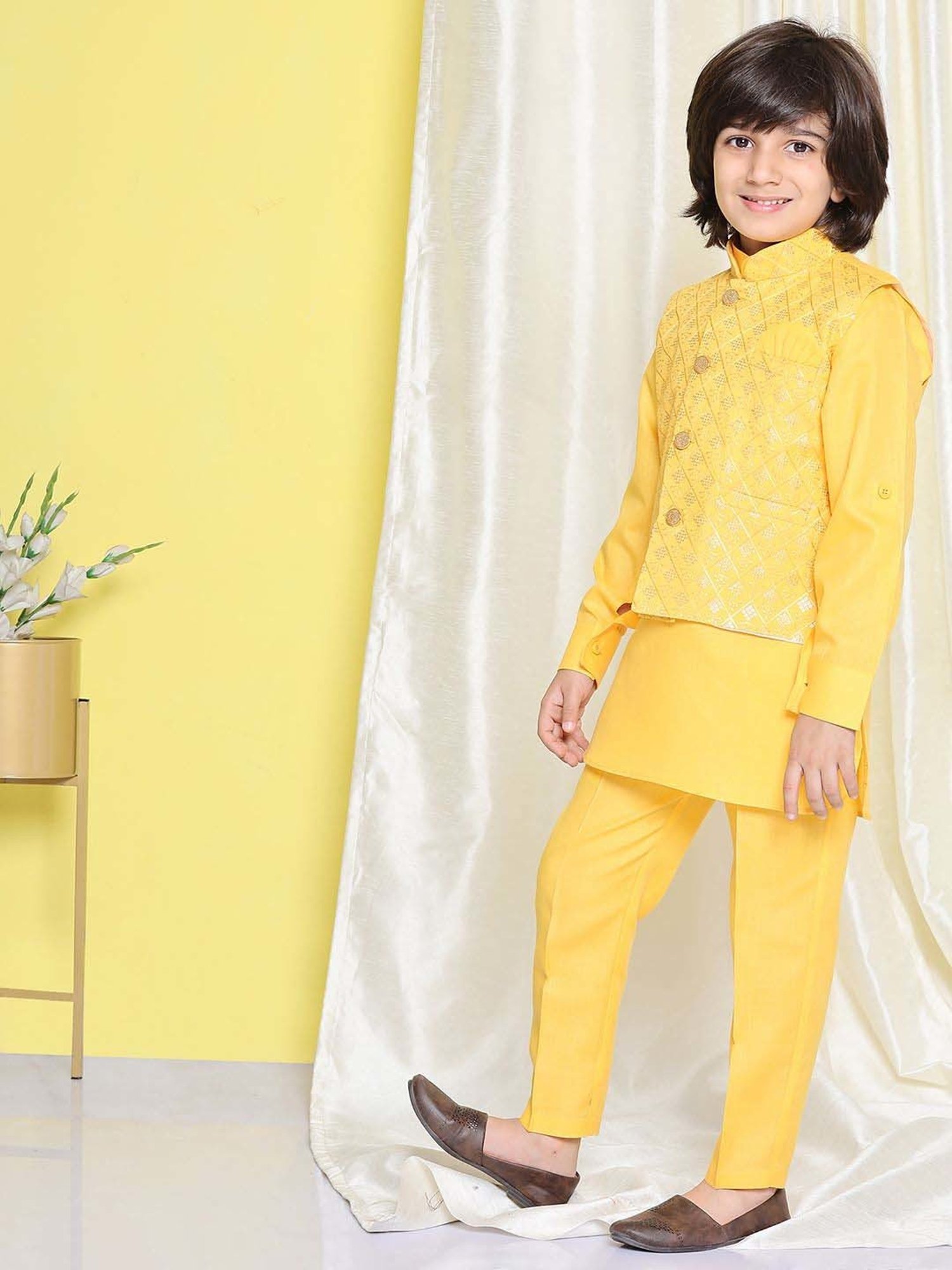 AJ Dezines Kids Yellow Cotton Embroidered Full Sleeves Kurta Set