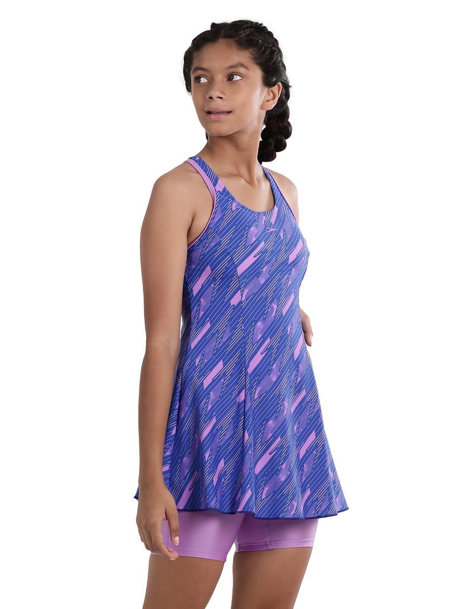 Speedo Kids Blue & Purple Printed Swimdress with Boyleg Shorts