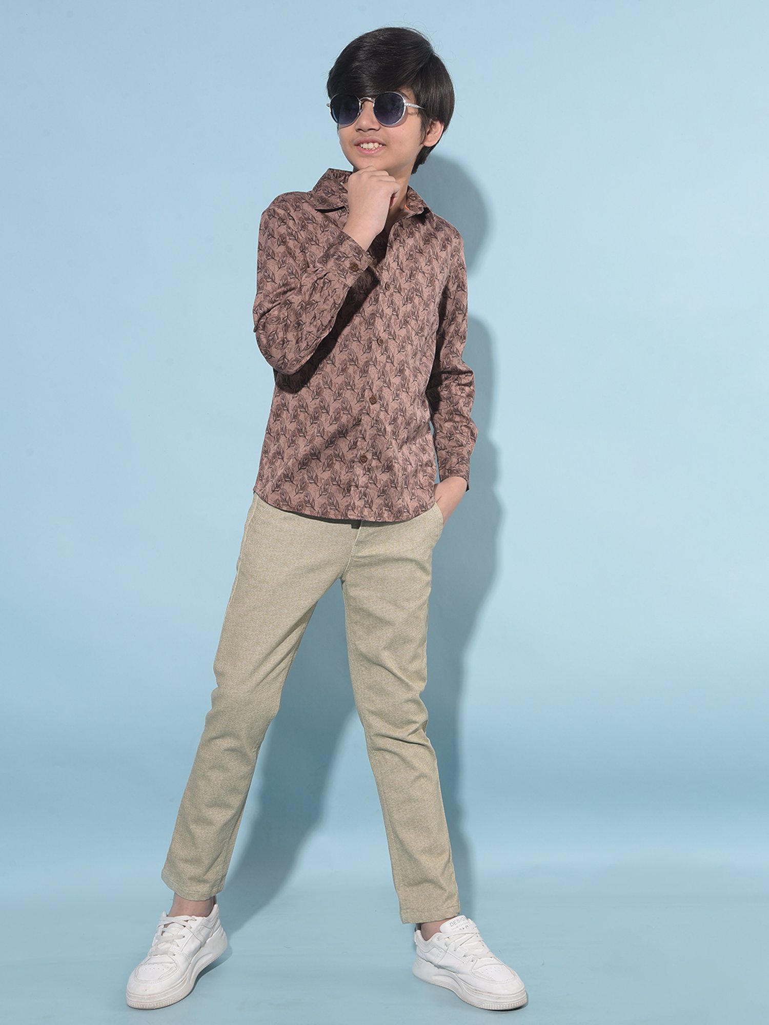 Crimsoune Club Kids Brown Printed Full Sleeves Shirt