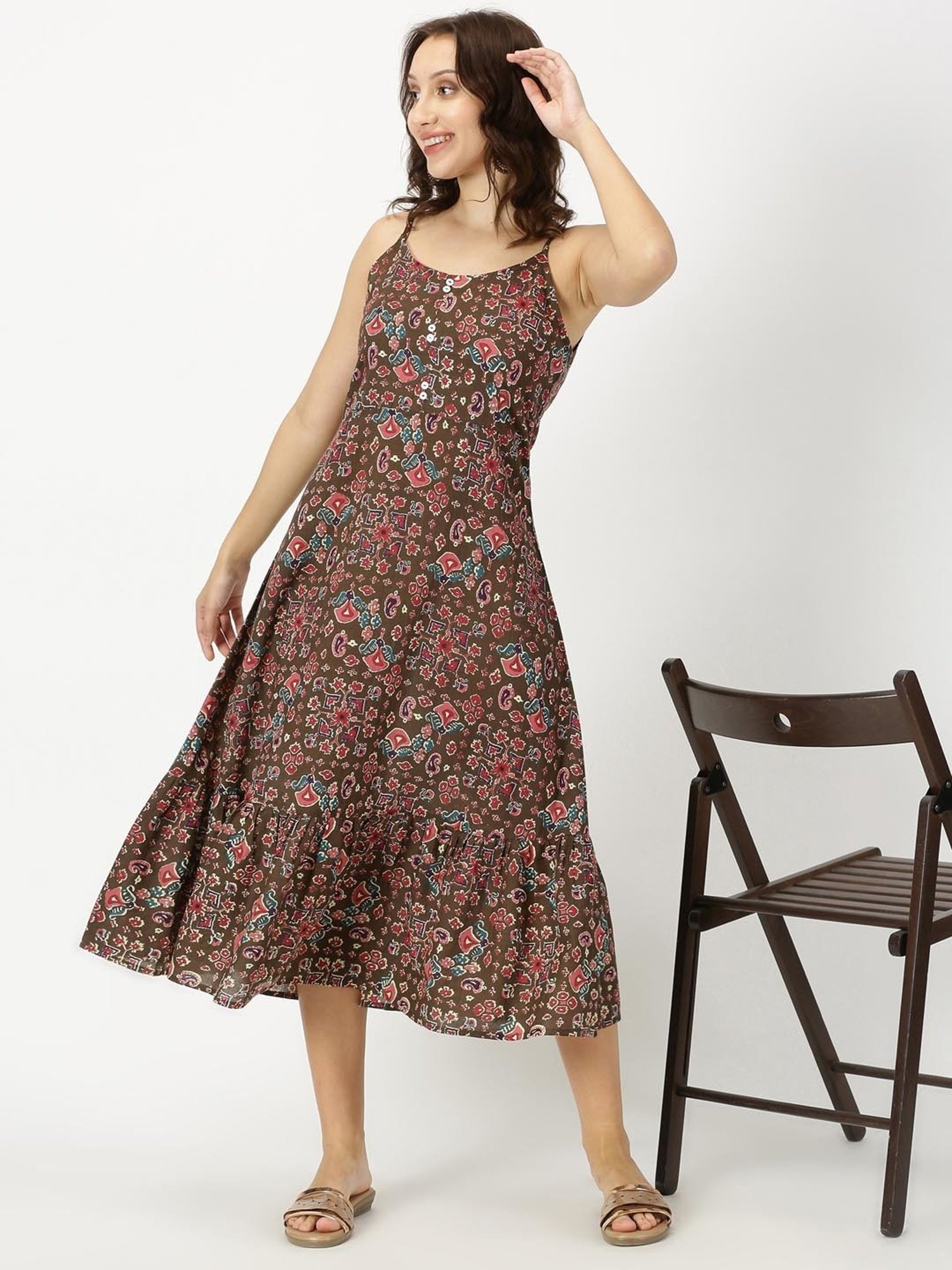 Saffron Threads Brown Cotton Printed Ethnic Dress