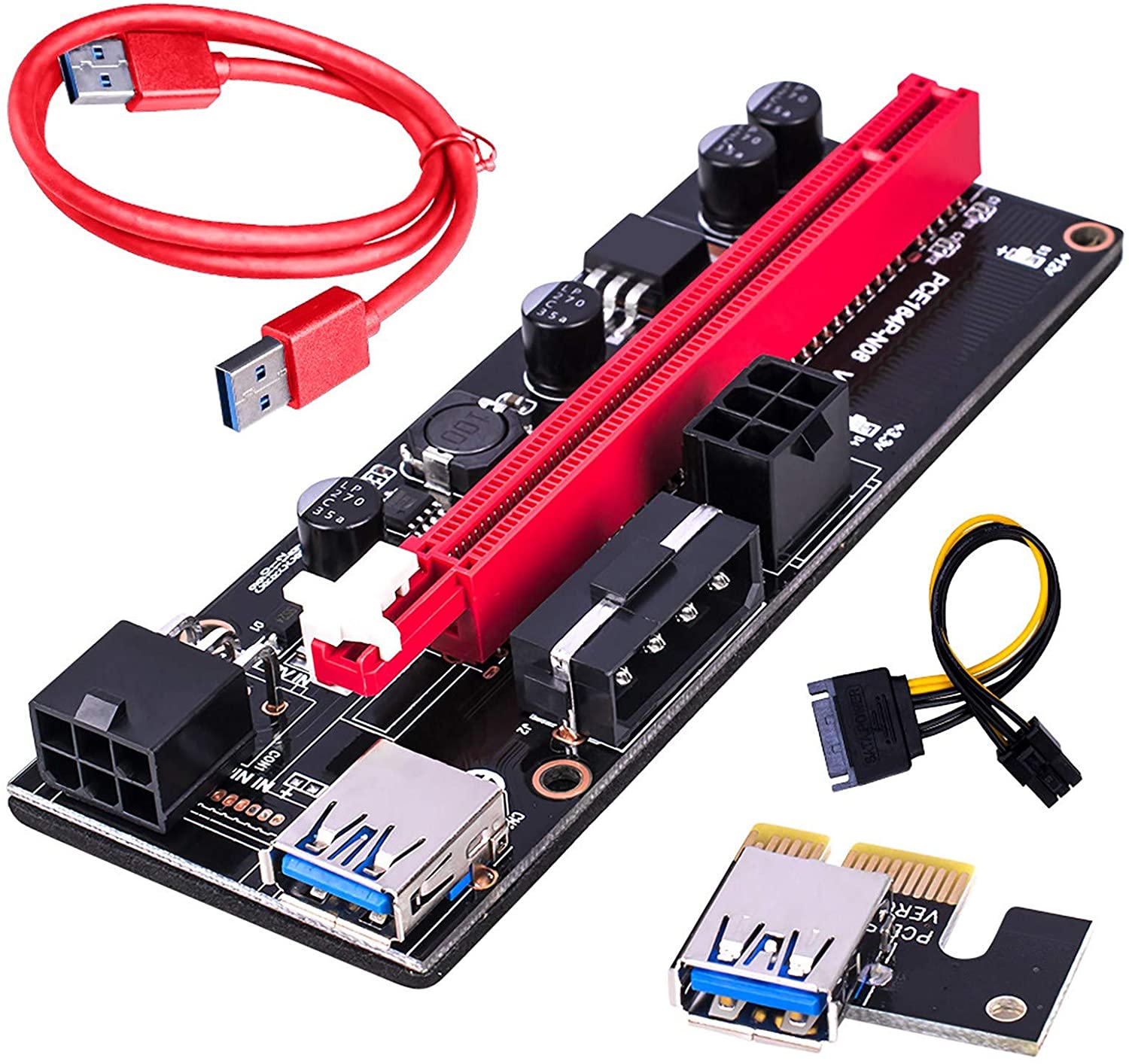 PCI-E Riser Extender Riser Card Adapter USB3.0 1x to 16x S-ATA 4 Pin Power Cable PCI-E Expre Dedicated PCIE Extension Cable Adapter Card for GPU Mining 4 Solid Capacitors (Red)