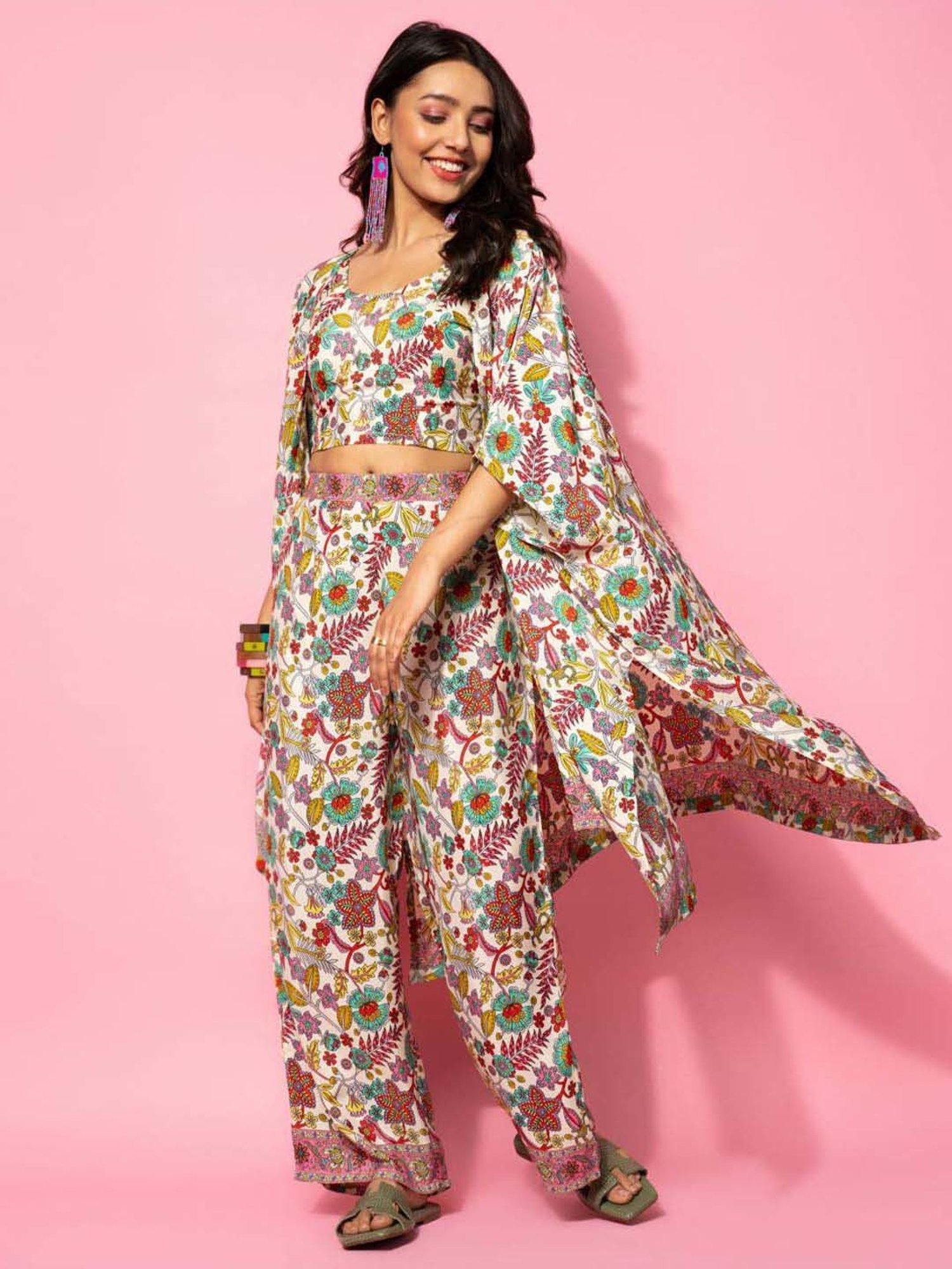 Libas Cream Printed Silk Blend Co-Ords With Shrug