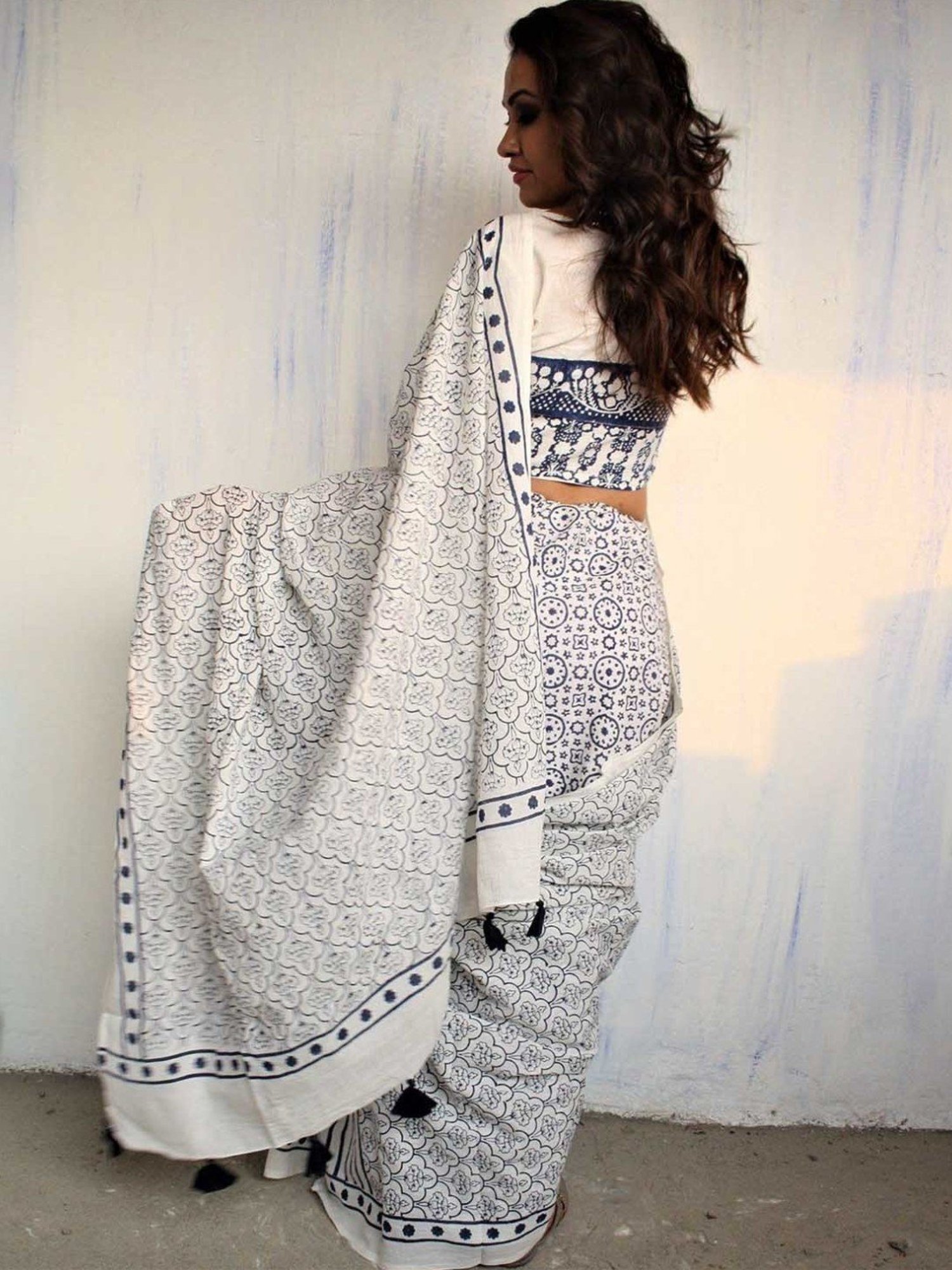 Chidiyaa Ivory & Blue Block Printed Cotton Mul Saree
