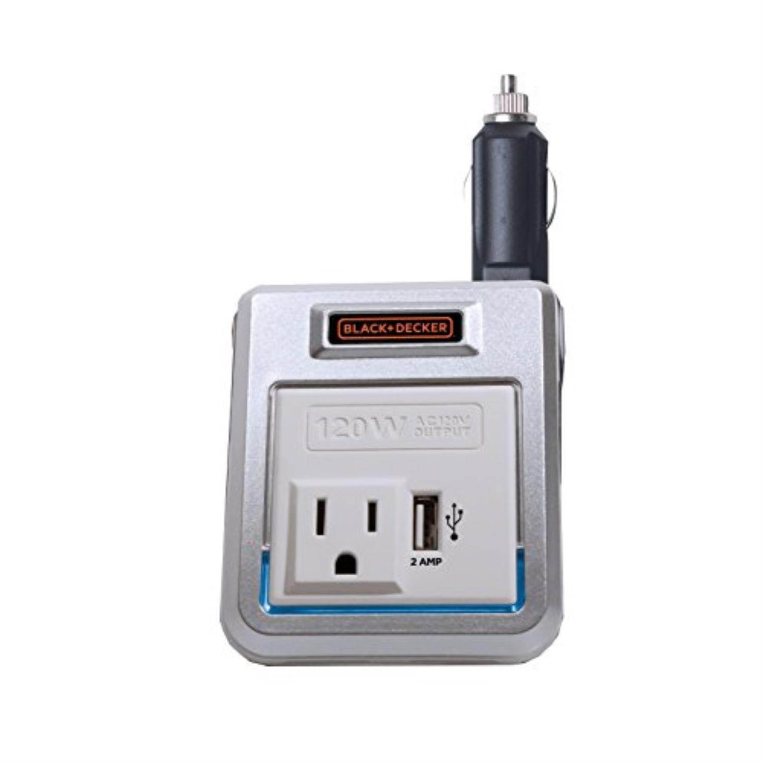 black+decker pi120p 120w power inverter: 12v dc to 120v ac outlet with 2a usb power charger