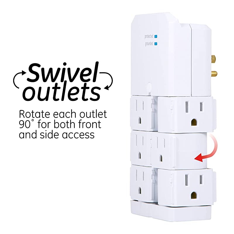 Pro 6-Outlet Sur Protector Tap with Swivel Outlets, White, 90 Degree Rotating Outlets, 1080 Joules, 37063