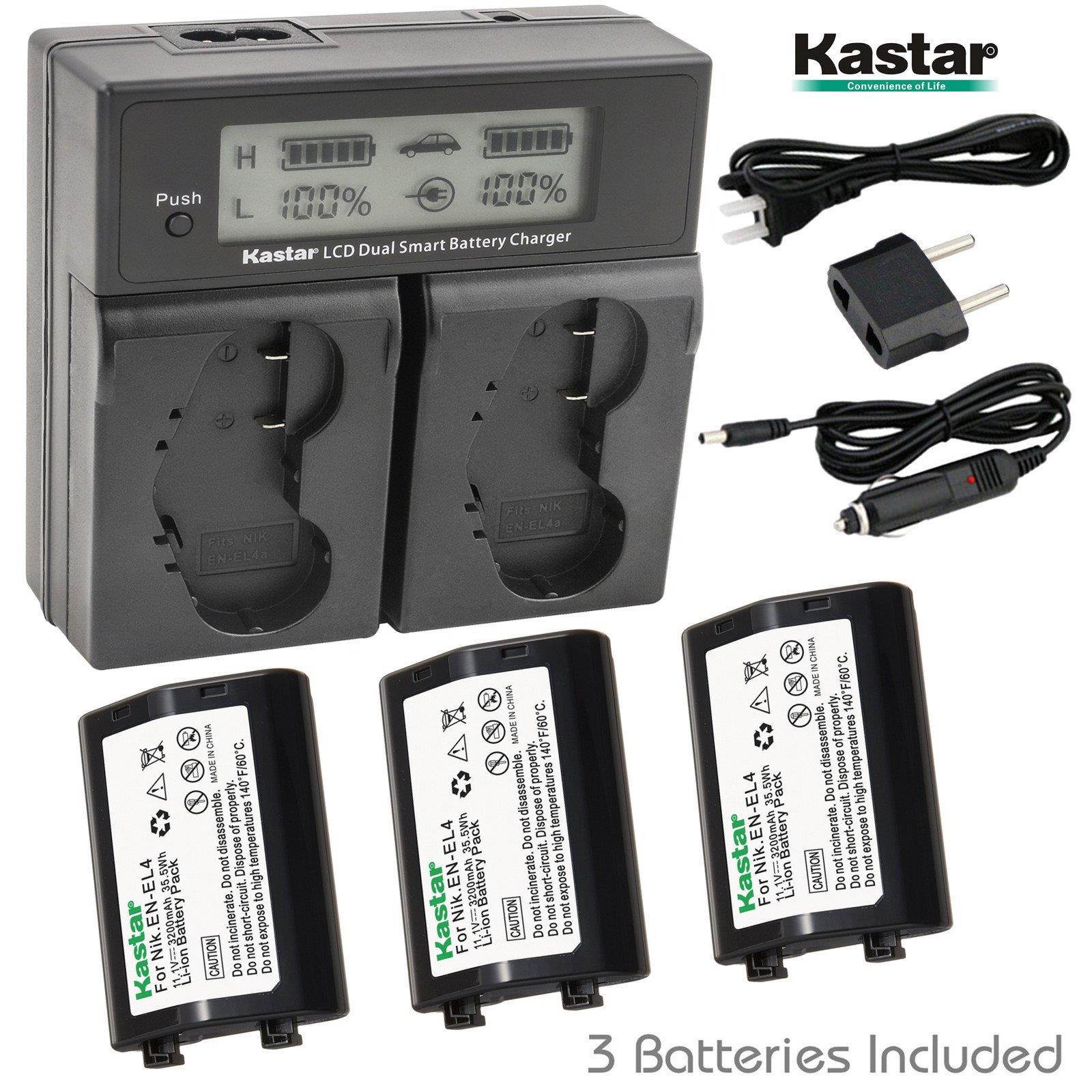 Kastar LCD Dual Smart Fast Charger & Battery (3 PACK) for Nikon EN-EL4, EN-EL4A, ENEL4, ENEL4A and Nikon D2Z, D2H, D2Hs, D2X, D2Xs, D3, D3S, D3X, F6 Camera, Nikon MB-D10, D300, D300S, D700, MB-40 Grip