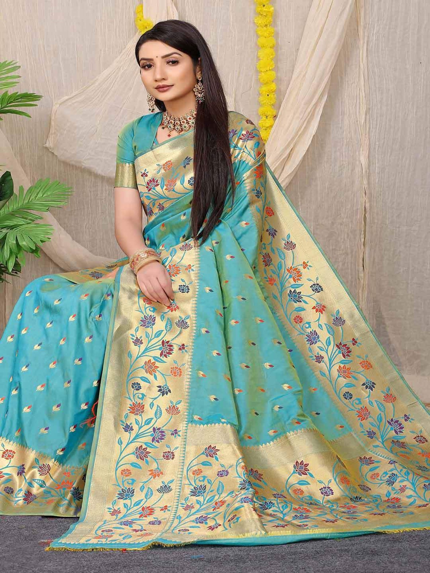 SHUBHKALA Turquoise Silk Woven Saree With Unstitched Blouse