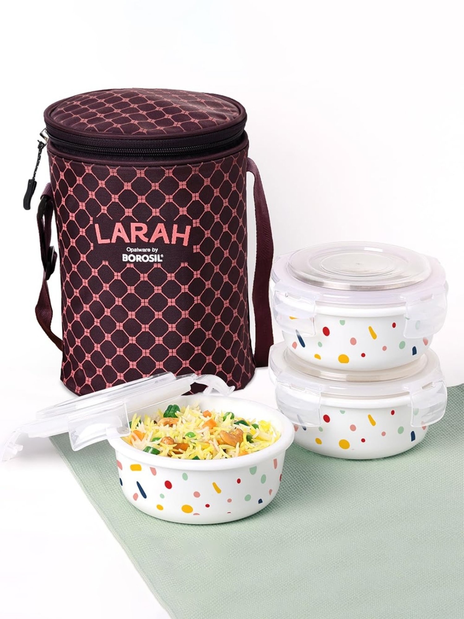 Larah by Borosil Multicolor Opalware Lunch Box with Lunch Bag