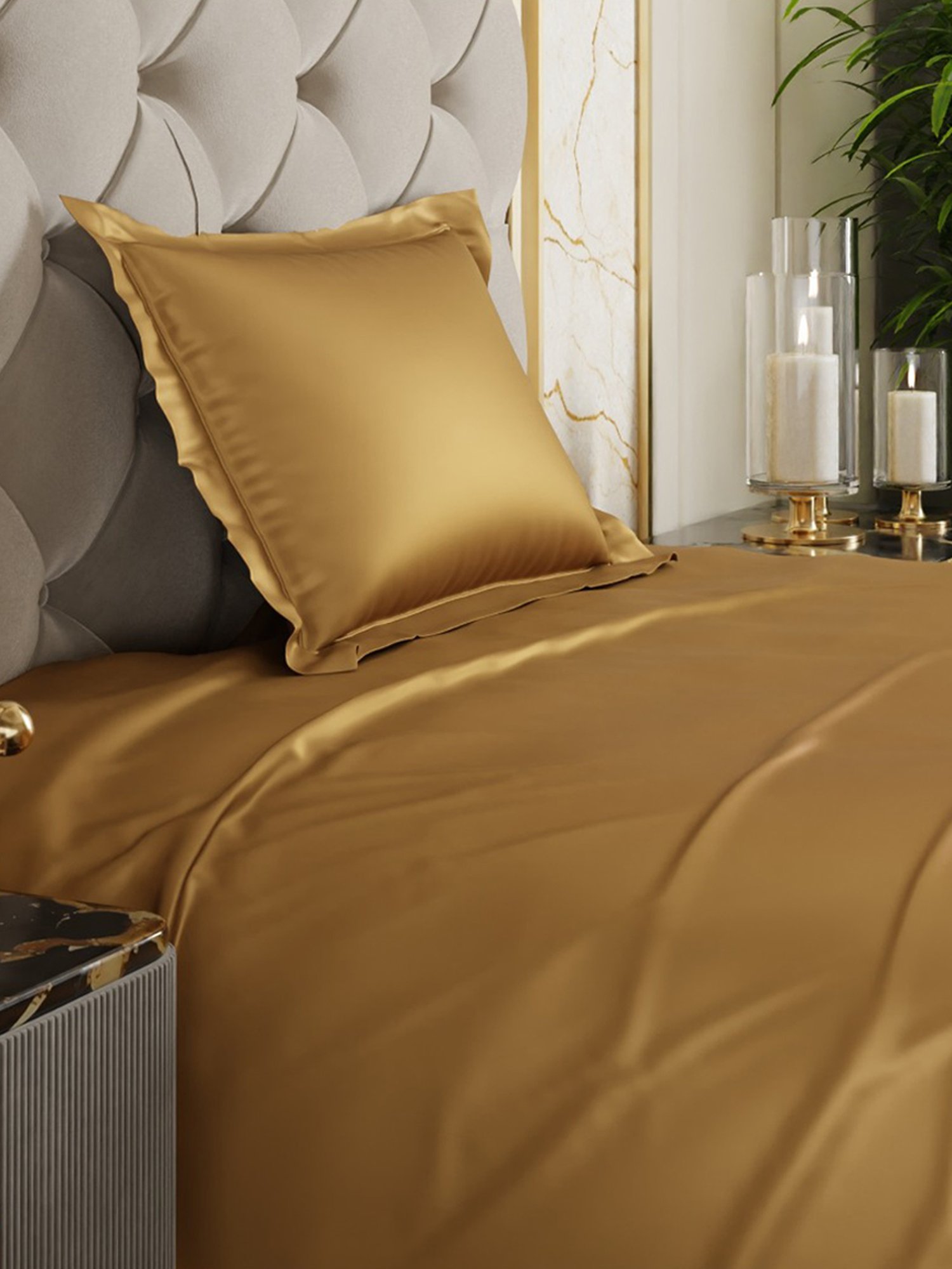 Stoa Paris Eternal Glow Gold 300 TC Polyester Single Bedsheet with Pillow Cover