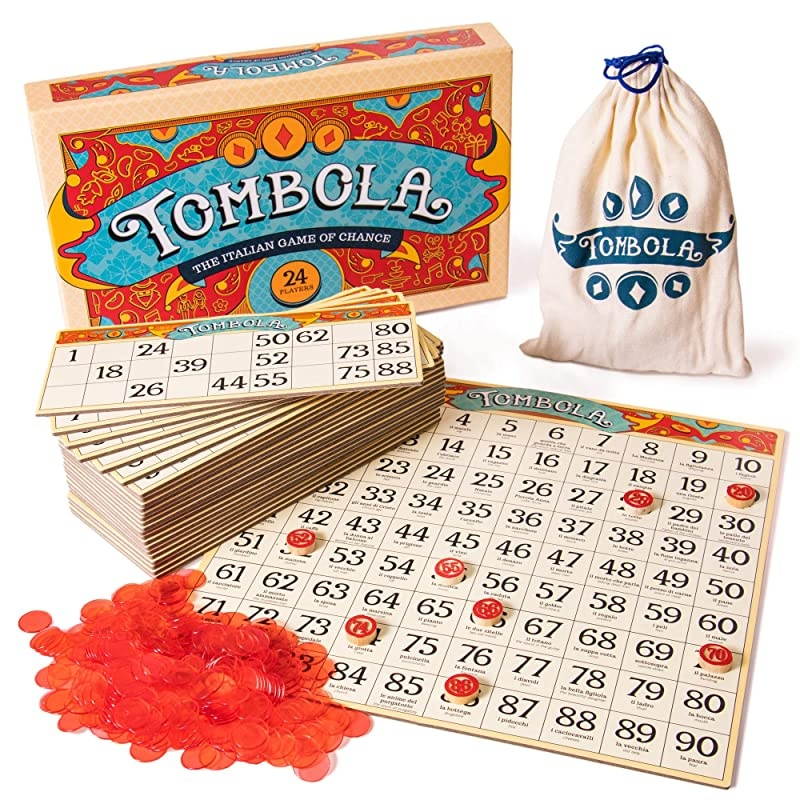 Bingo Board Game | The Italian Game of Chance for Family Friends and Large Parties Up to 24 Players | Includes Calling Board 90 Tombolini Tiles 24 DoubleSided Cards and 360 Chips