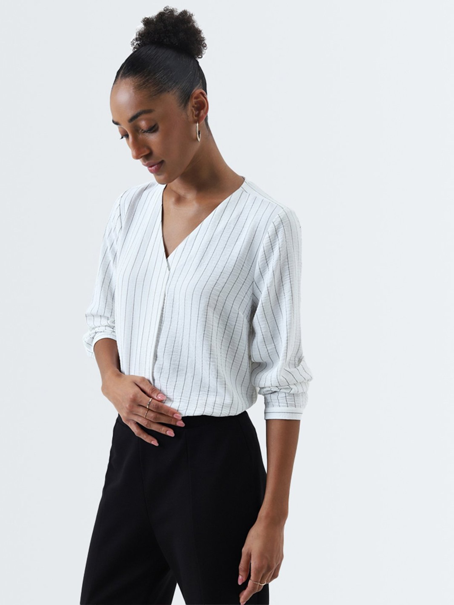 Wardrobe by Westside White Stripe Printed Top