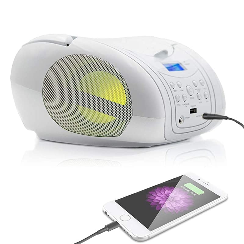 CP556 Boombox with Cd Player Mp3 | Portable Radio CDPlayer Stereo with USB | Cd Player for Kids | LED Light | Headphone Jack 35mm CDRadio White