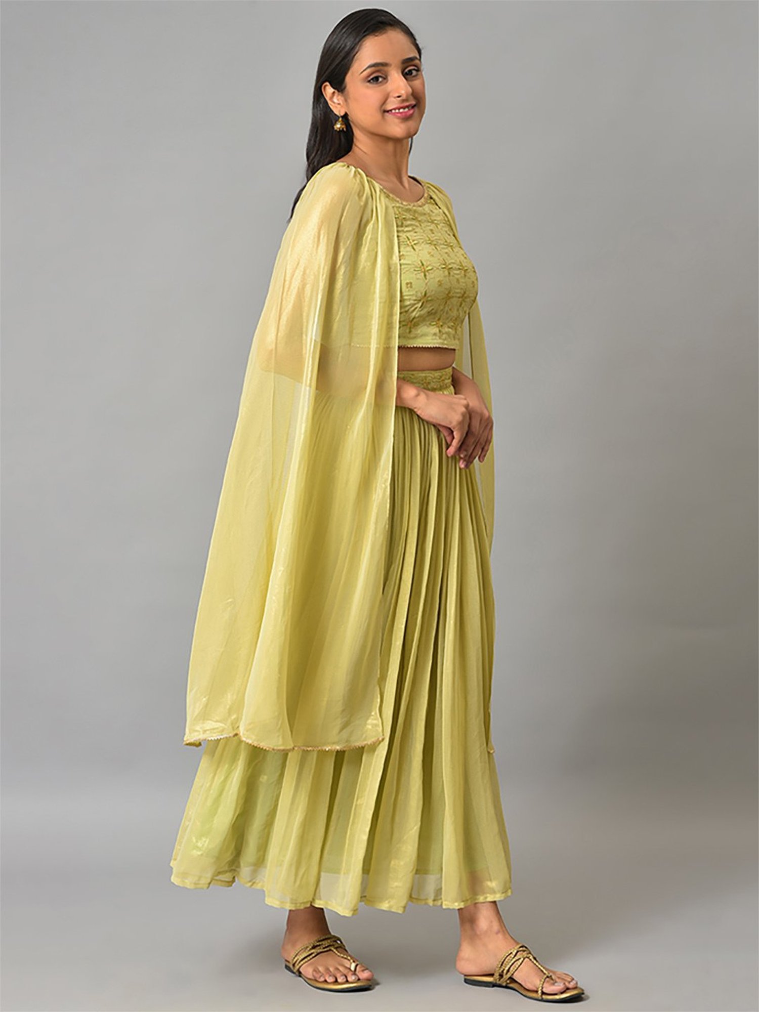 Aurelia Green Embroidered Crop Top Skirt Set