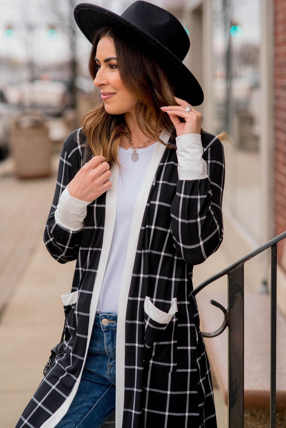 Black Plaid Casual Contrast Trim Knit Cardigan
