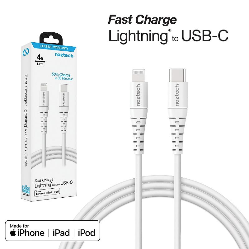 Naztech 4 ft. Fast Charge MFi Lightning to USB-C Cable, White HPL14138