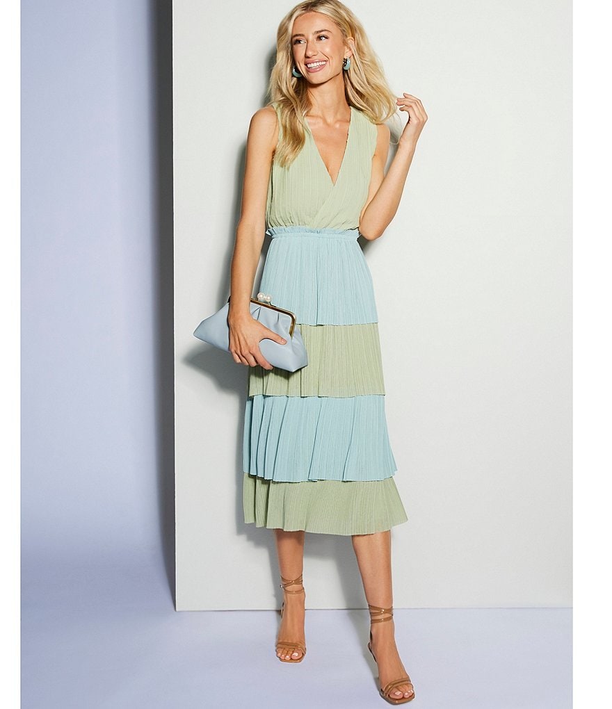Adelyn Rae Color Block Tiered V-Neck Sleeveless Midi Dress