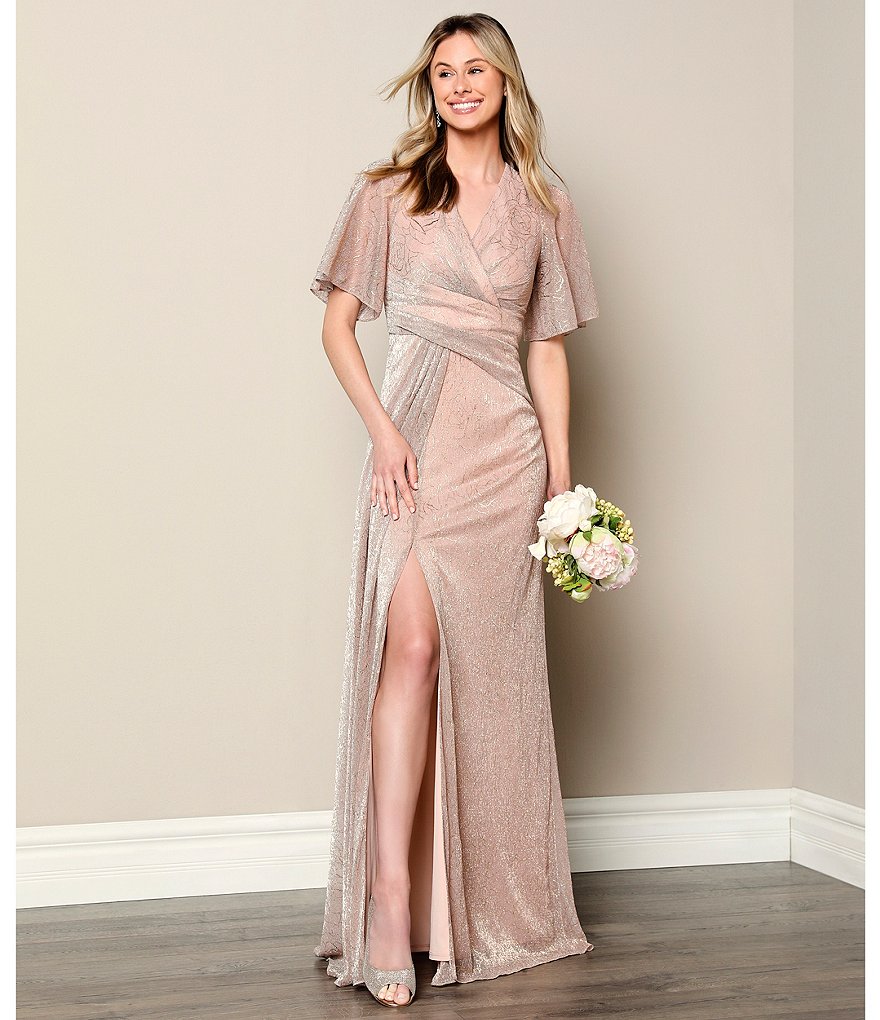 Adrianna Papell V-Neck Elbow Sleeve Lace Side Wrap A-Line Gown