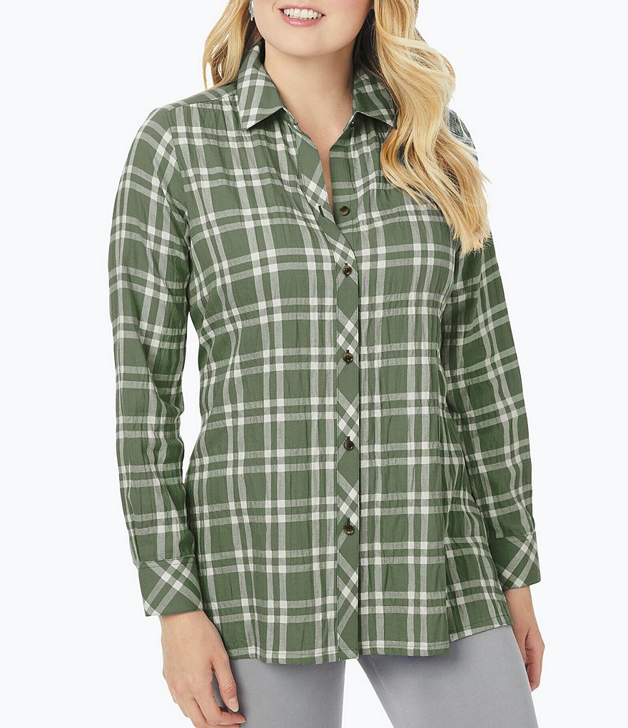 Foxcroft Plus Size Santino Plaid Print Pucker Woven Long Sleeve Button Down Point Collar Tunic