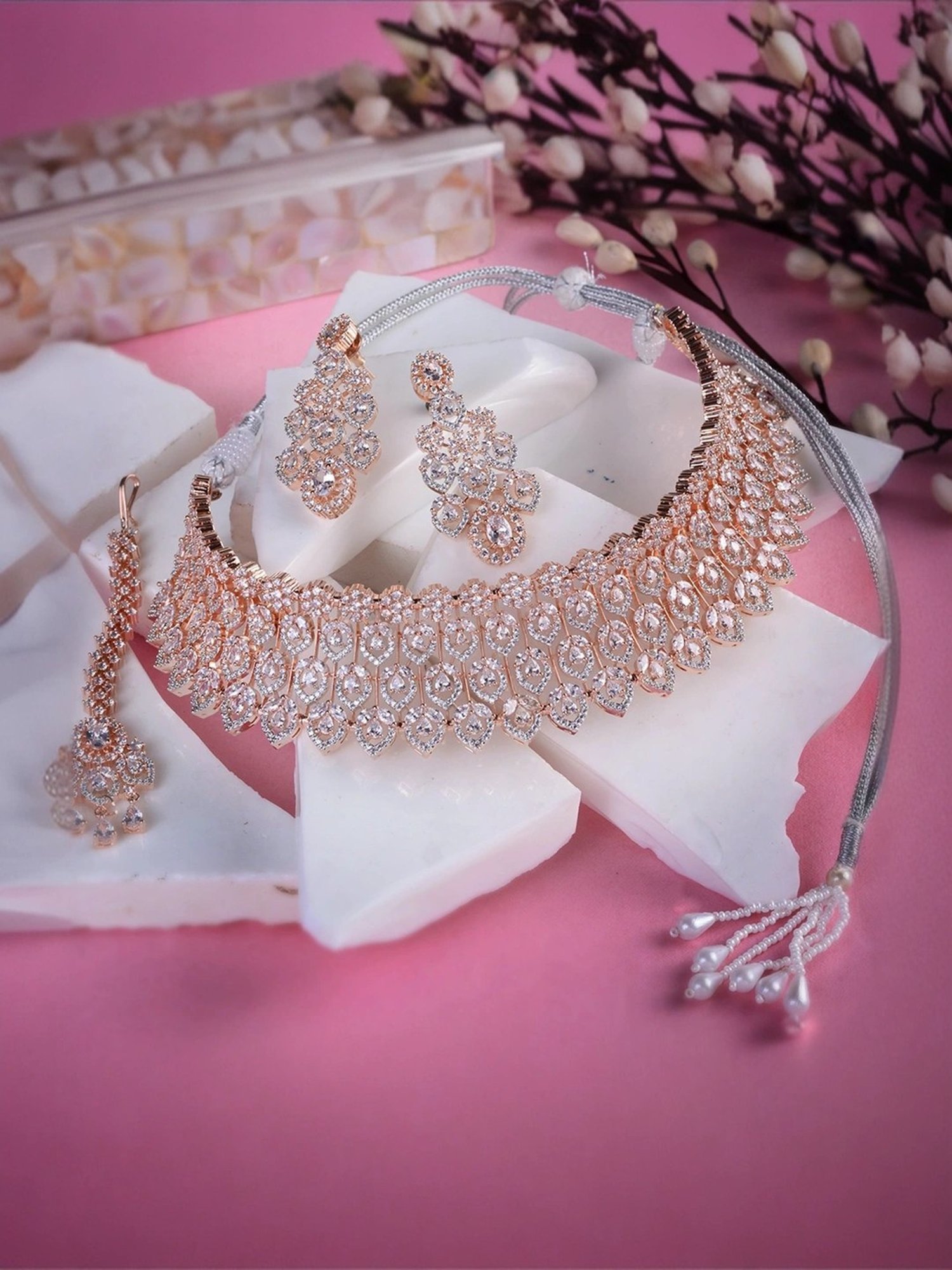 Saraf RS Jewellery Rose Gold Plated White AD Choker with mang Tika jewellery Set