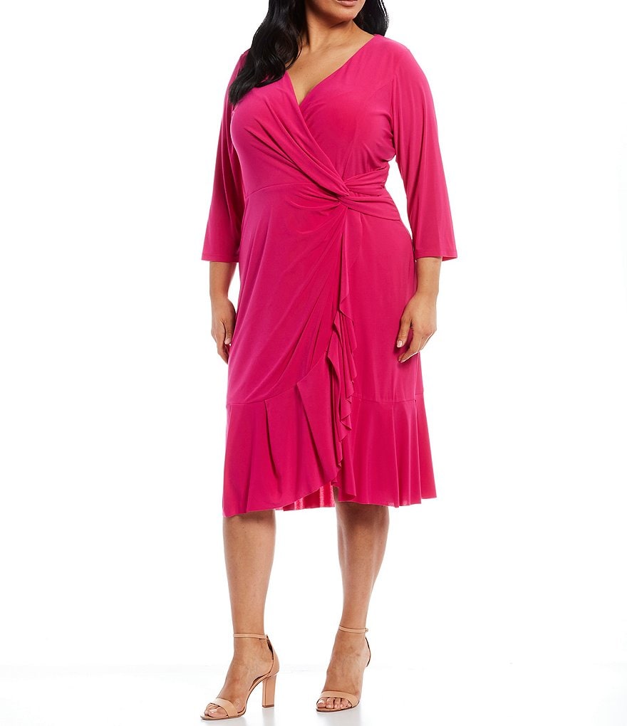 Marina Plus Size V-Neck 3/4 Sleeve Cascade Ruffle Faux Wrap Dress