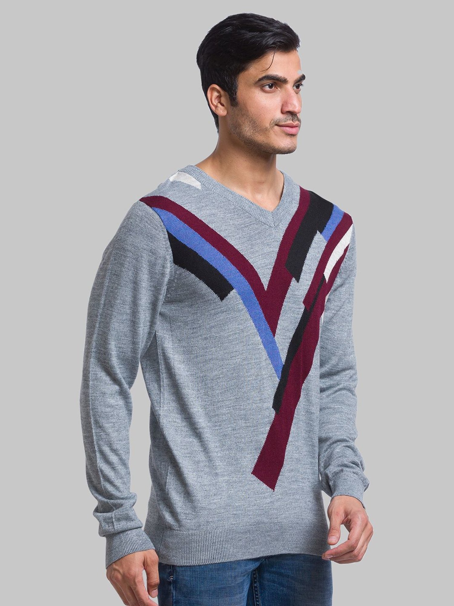 Parx Grey Regular Fit Printed Sweater