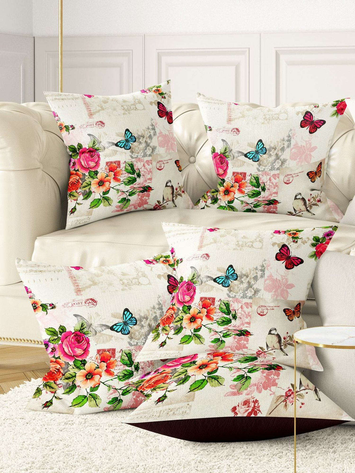 Bianca Ivory & Multi Digitally Printed Cushion Cover - Set Of 5