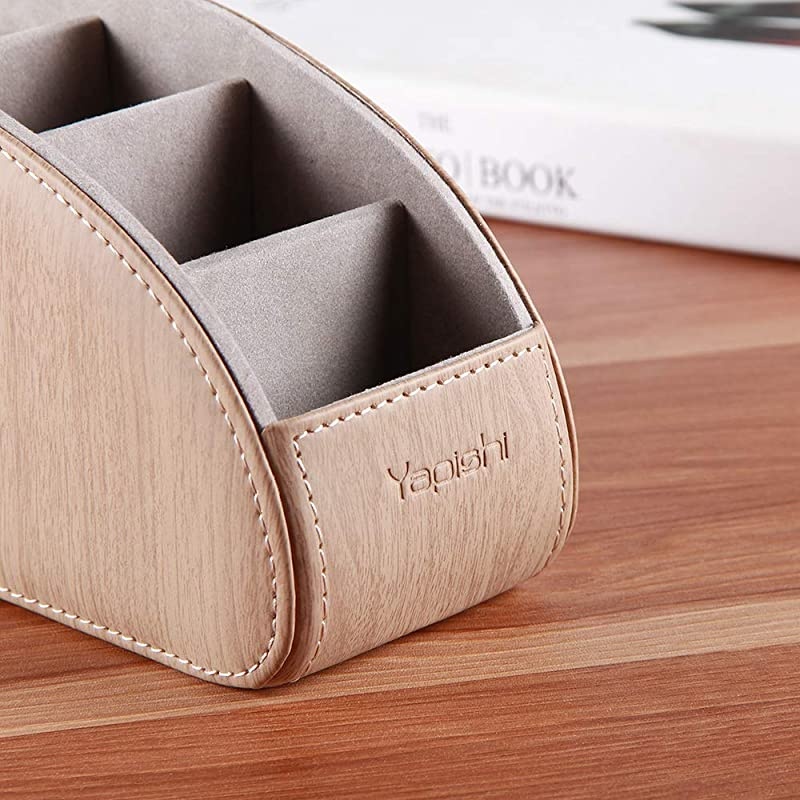 Leather TV Remote Control Holder With 5 Compartments Nightstand Desktop DVD Media Player Remote Caddy Storage Box Organizer Tray For Makeup Brush Pen Stationary Table Controllers