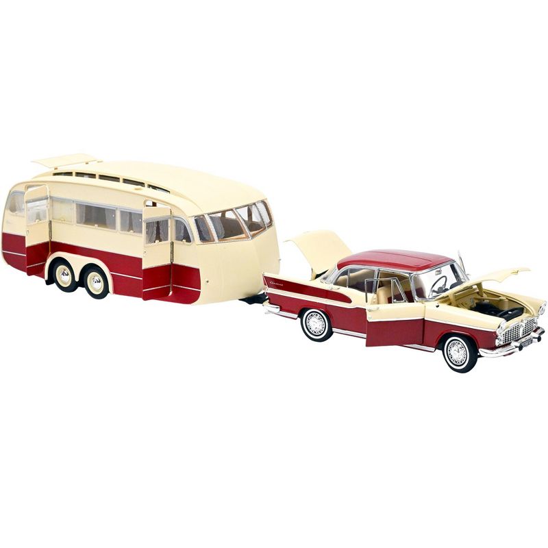 1958 Simca Vedette Chambord & Caravane Henon Travel Trailer Cardinal Red & Ivory Set of 2 pcs 1/18 Diecast Model Car by Norev