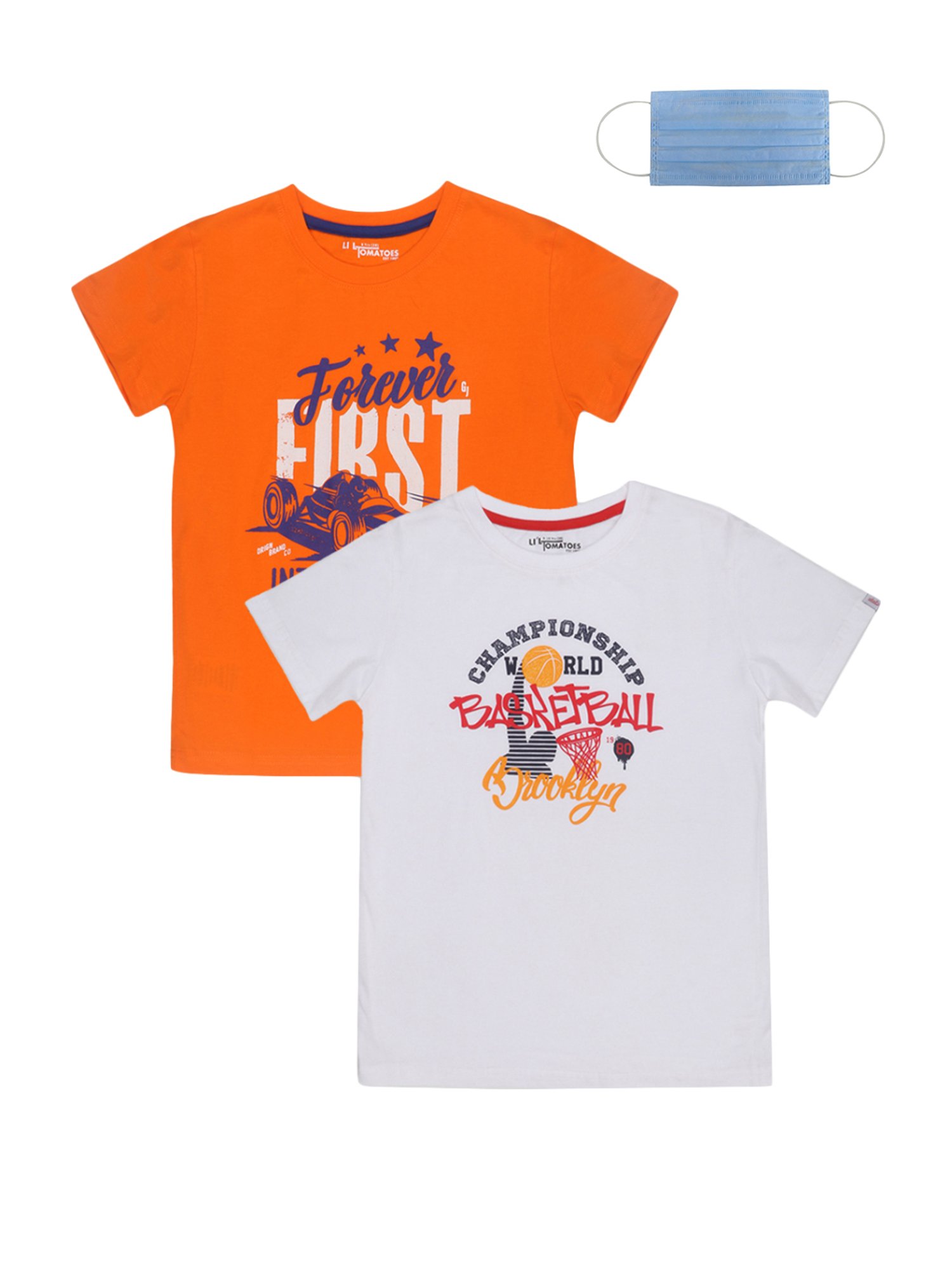 Li'l Tomatoes Kids Orange & White Cotton Printed T-Shirts & Mask - Pack of 2