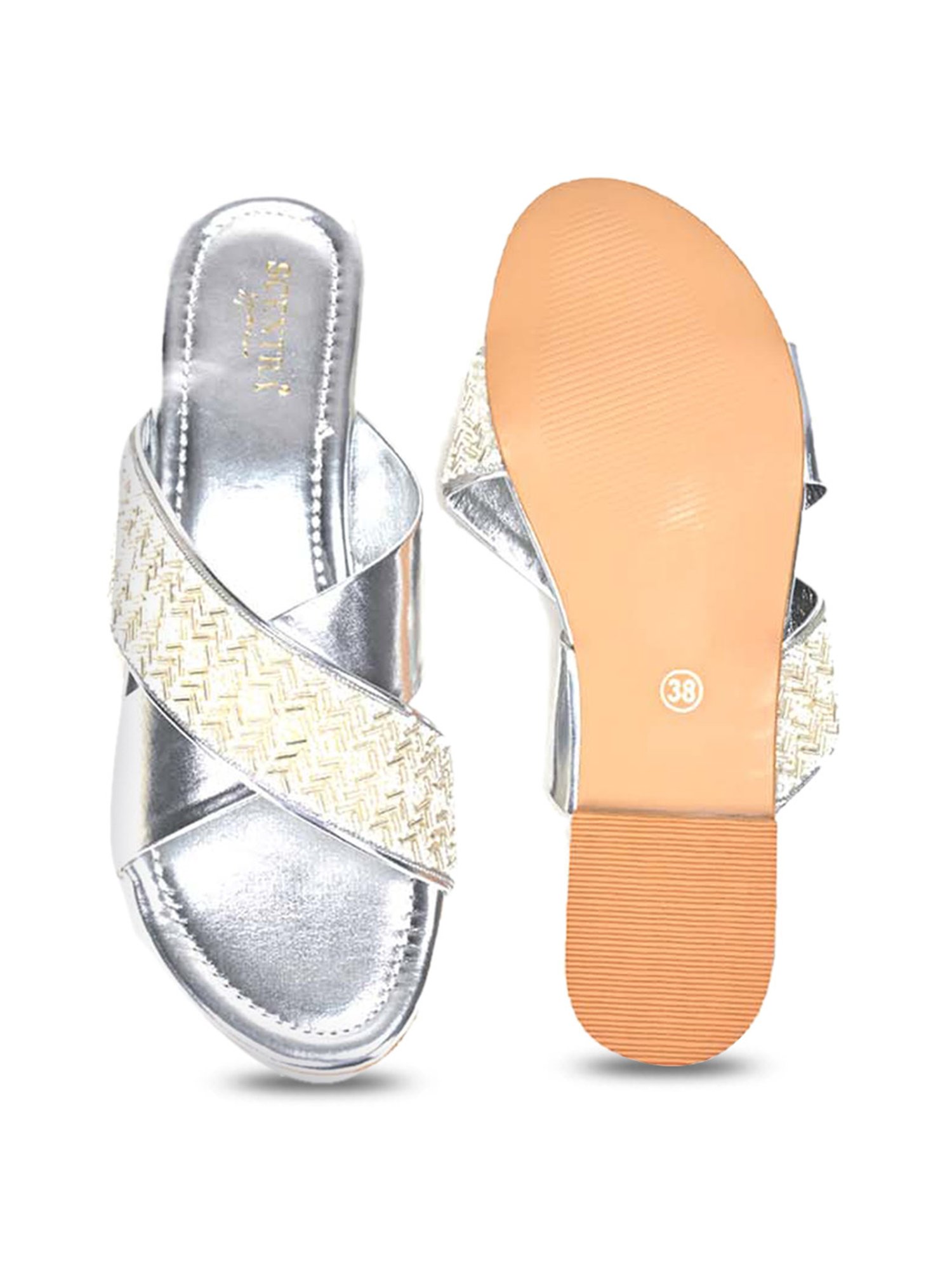 Scentra Women's Silver Cross Strap Sandals